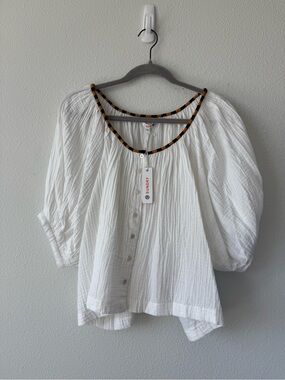 NWT Sundry White Button-Front Peasant Blouse with Striped Trim